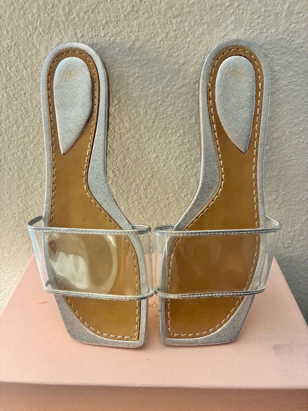 Zara Vinyl Flat Slide Sandals - Silver/Tan Clear Square Toe Mules Size 39